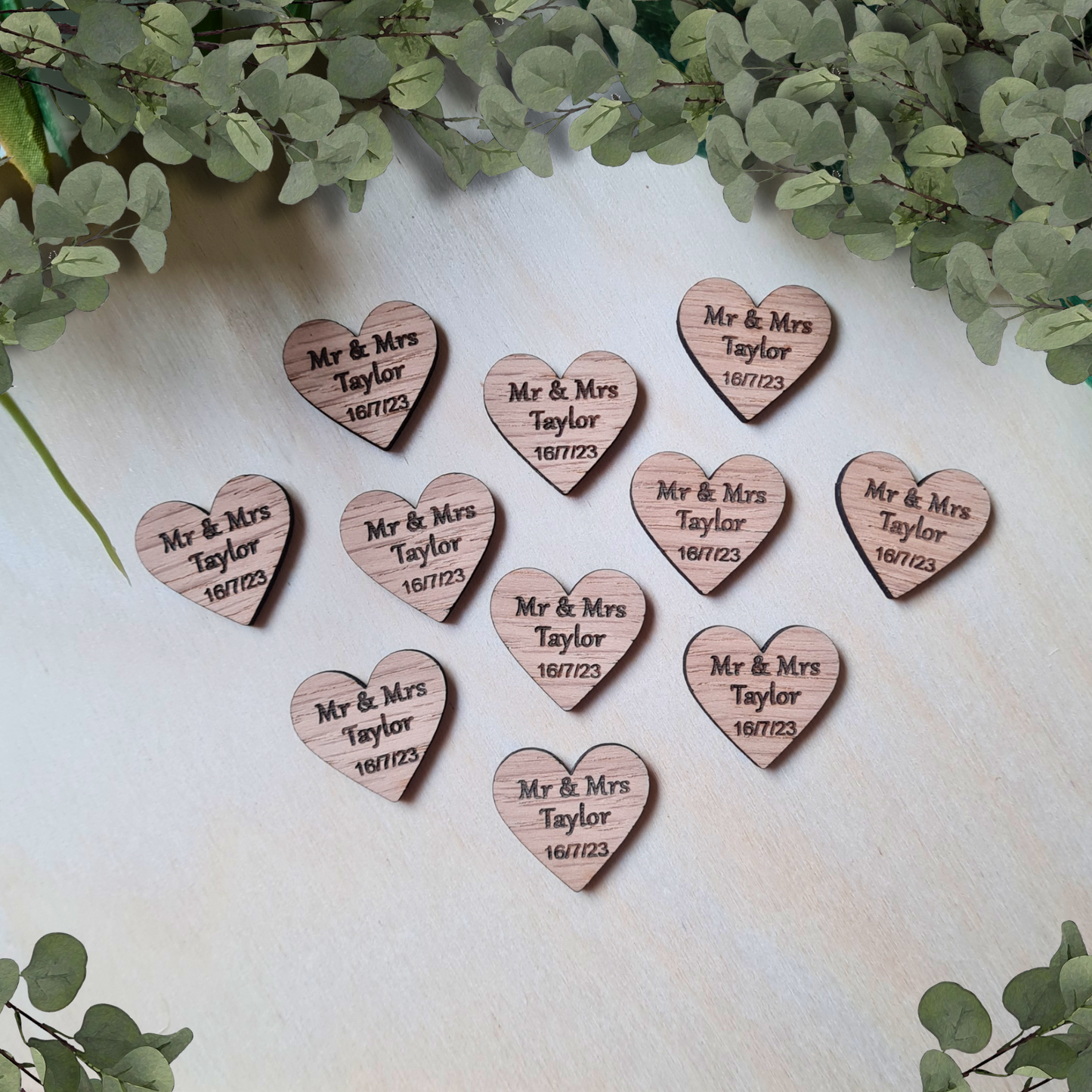 Wooden personalised confetti hearts