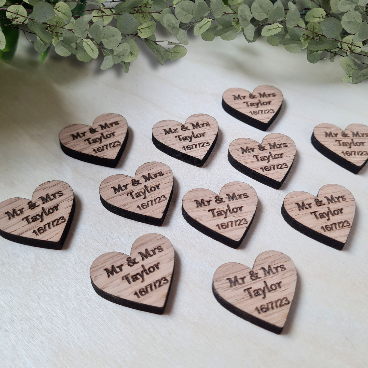 Wooden personalised confetti hearts